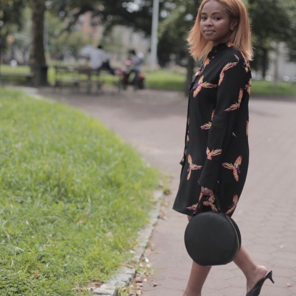 DVF 100% Silk Black LS Printed Shirt Dress